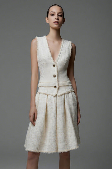 A-Line V-Neck Sleeveless Tweed 2-Piece Work Dress